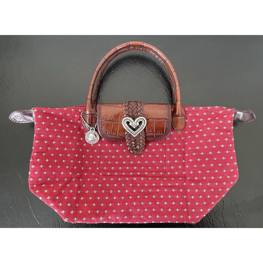 Brighton Red One World Tote Bag Brown Handles Leather Trim